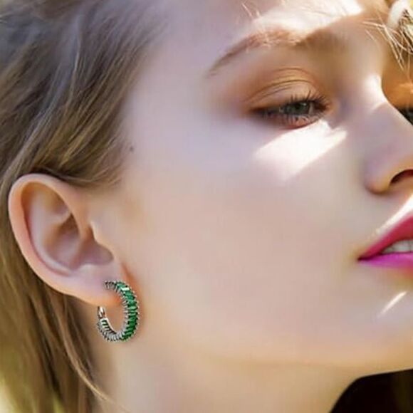 14K White Gold with Emerald Green Cubic Zirconia Drop Hoop Leverback Earrings main image 5